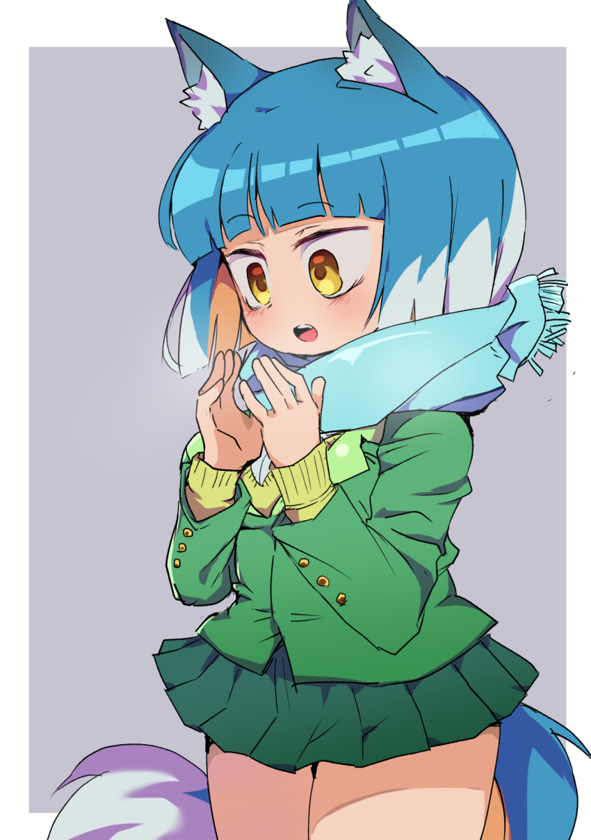 1girl, animal_ear_fluff, animal_ears, asagi_(bombergirl), bangs, blue_hair, blue_scarf, blue_tail, blunt_bangs, bombergirl, colored_inner_hair, cowboy_shot, green_jacket, green_skirt, hands_up, highres, jacket, legs_together, long_sleeves, miniskirt, multicolored_hair, multicolored_tail, open_mouth, orange_hair, orange_tail, pleated_skirt, sasaki_rindou, scarf, short_hair, skirt, solo, tail, teeth, thighs, white_hair, white_tail, wolf_ears, wolf_girl, wolf_tail, yellow_eyes