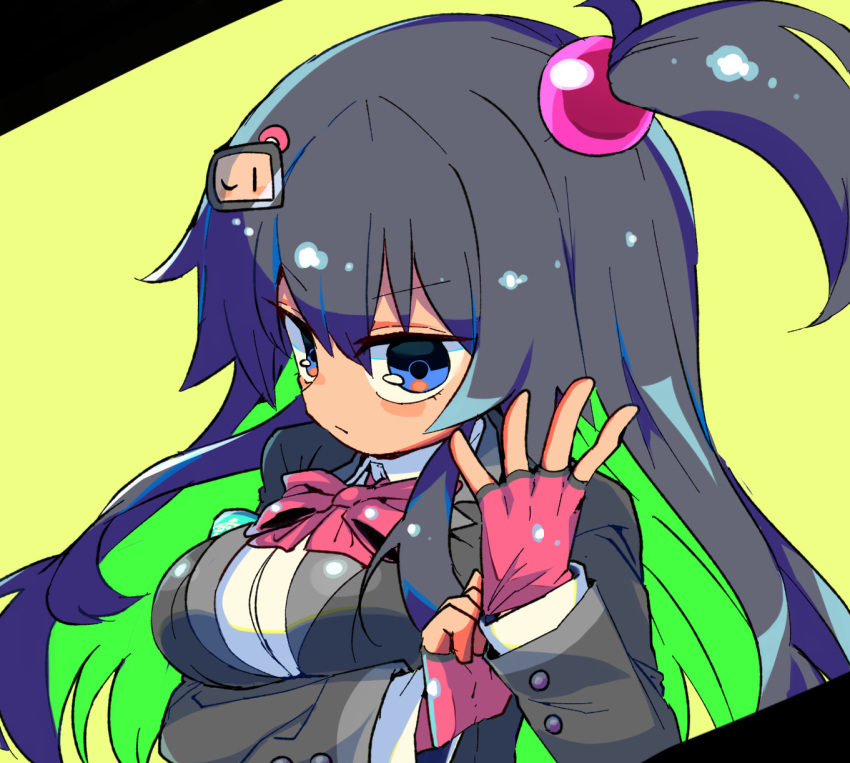 1girl, adjusting_clothes, adjusting_gloves, armband, bangs, black_bomberman, black_hair, black_jacket