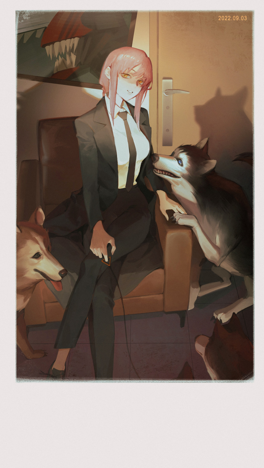 1girl, absurdres, animal, bangs, black_necktie, black_pants, braid, braided_ponytail