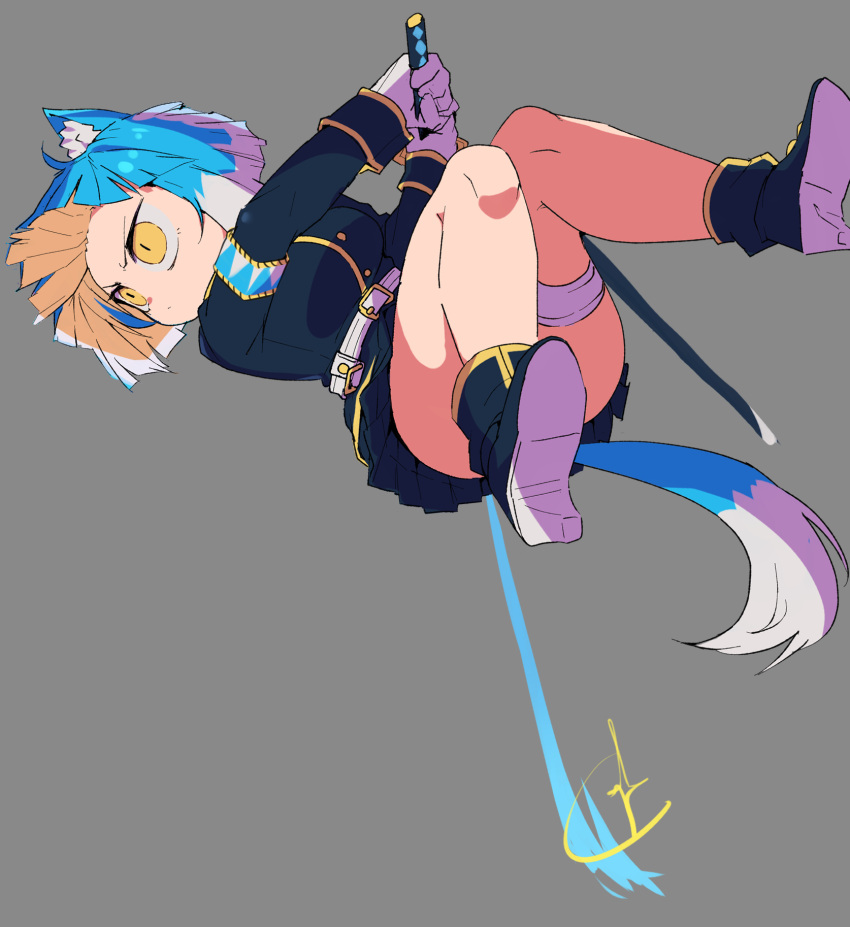 1girl, animal_ear_fluff, animal_ears, asagi_(bombergirl), belt, black_footwear, black_skirt, blue_hair, blue_tail, bombergirl, breasts, buttons, gloves, grey_background, highres, holding, holding_sword, holding_weapon, katana, large_breasts, long_sleeves, miniskirt, multicolored_hair, multicolored_tail, orange_hair, pleated_skirt, sasaki_rindou, short_hair, simple_background, skirt, slit_pupils, solo, sword, tail, thigh_strap, two-tone_tail, v-shaped_eyebrows, weapon, white_belt, white_gloves, white_hair, white_tail, wolf_ears, wolf_girl, wolf_tail, yellow_eyes