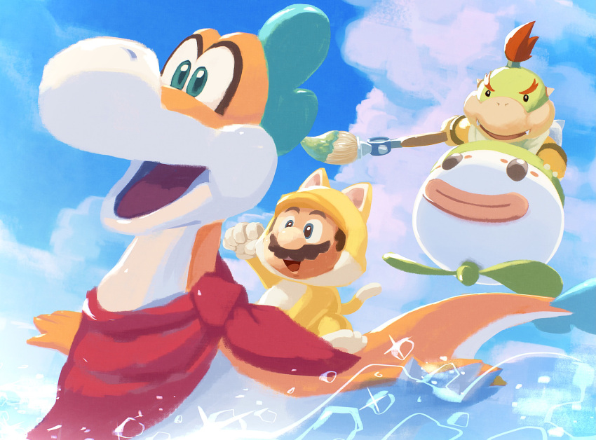 2boys, :d, animal_costume, big_nose, bowser_jr., bracelet, cat_costume, cat_mario, clouds, cloudy_sky, facial_hair, fangs, highres, holding, holding_paintbrush, jewelry, koopa_clown_car, mario, multiple_boys, mustache, open_mouth, outdoors, paintbrush, plessie, propeller, raised_fist, redhead, riding, sky, smile, super_mario_3d_world, super_mario_bros., suyasuyabi, water