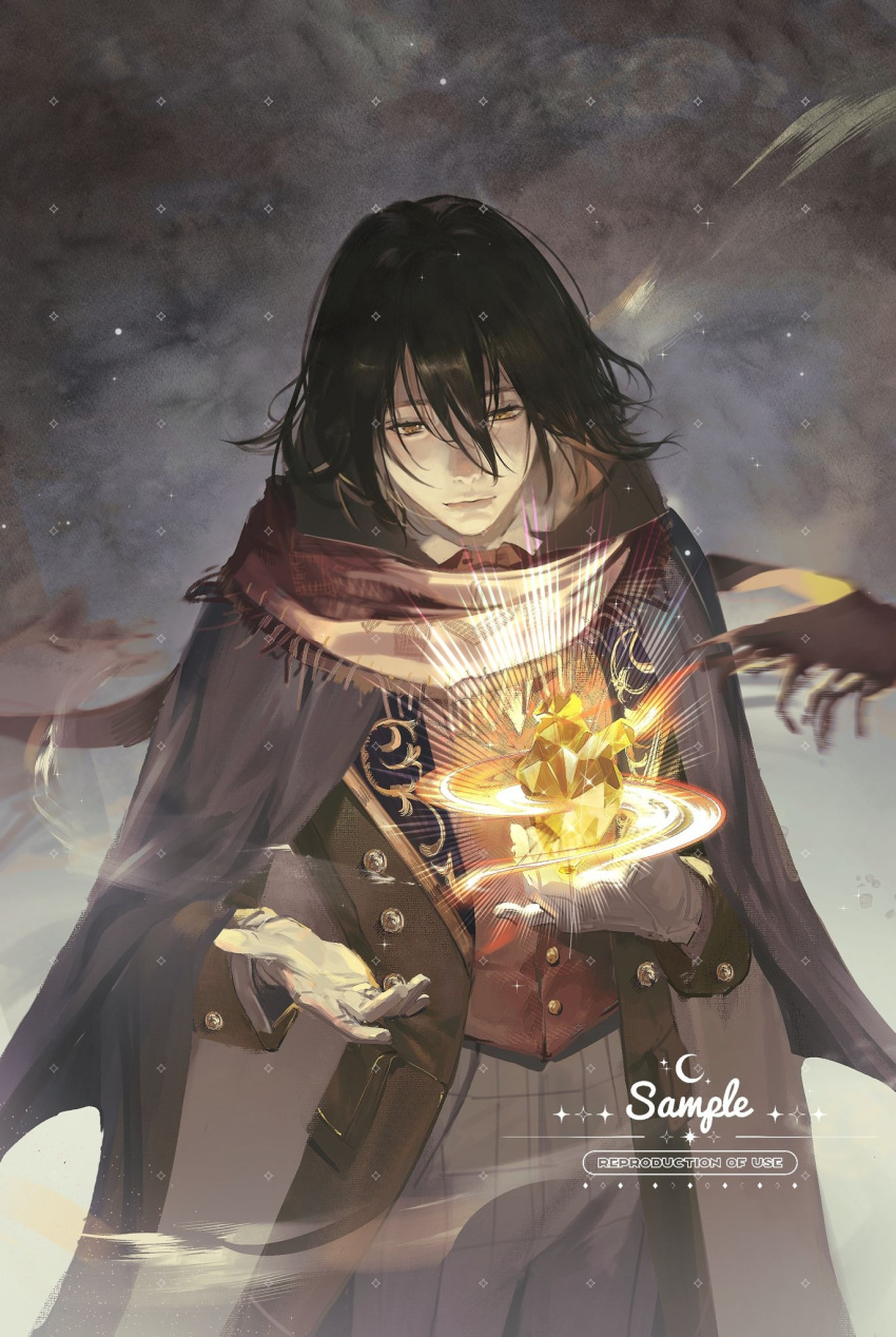 1boy, bangs, black_hair, black_robe, brown_eyes, brown_jacket, chinese_commentary, commentary_request, cyrilunderwater, fog, gloves, highres, jacket, klein_moretti, lips, looking_at_object, lord_of_the_mysteries, medium_hair, pants, red_vest, robe, sample_watermark, scarf, shirt, smile, solo, vest, white_gloves, white_pants, white_shirt