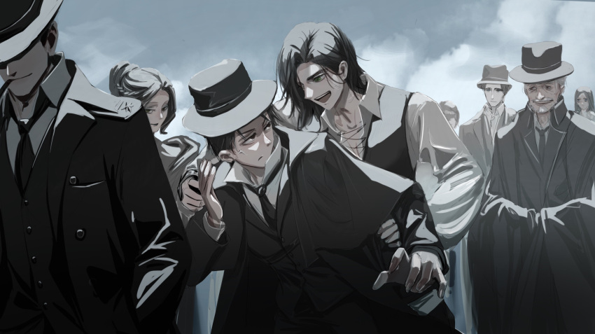 3girls, 5boys, anger_vein, arm_on_shoulder, black_coat, black_hair, black_headwear, black_jacket