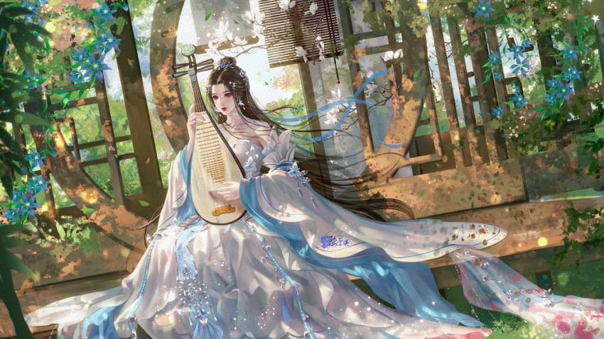 1girl, absurdres, artist_request, brown_hair, closed_mouth, detached_sleeves, dress, eye_mask, fence, flower, grass, hair_bun, hair_ornament, highres, instrument, long_hair, lu_xueqi_(zhu_xian), music, paper_wall, pipa_(instrument), playing_instrument, second-party_source, sitting, solo, white_dress, windowsill, zhu_xian