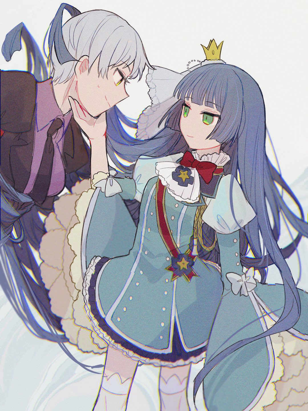 2girls, bakara_(zattayo2222), bangs, blue_dress, blue_hair, crown, dress, green_eyes