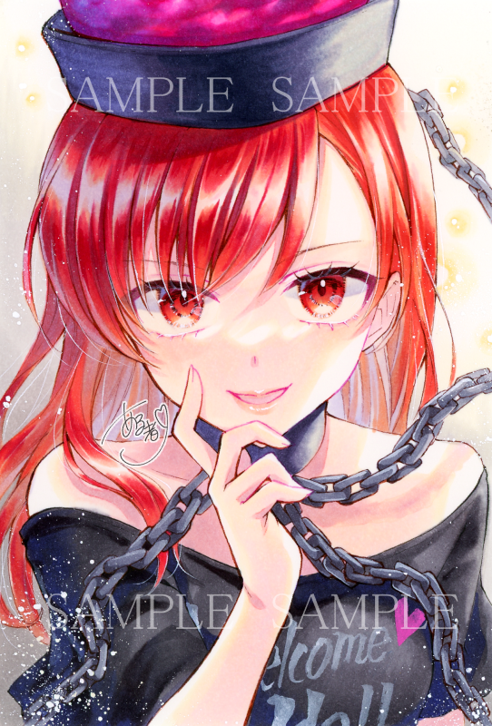 1girl, alto2019, black_headwear, black_shirt, chain, clothes_writing, collarbone, hand_on_own_face