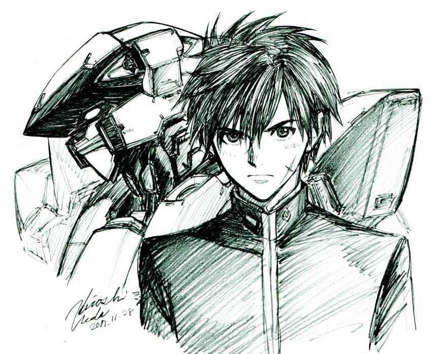 1boy, arx-7_arbalest, cropped_torso, dated, full_metal_panic!, graphite_(medium), highres, mecha