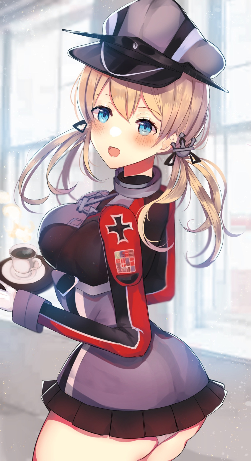 1girl, anchor_hair_ornament, aqua_eyes, ass, back, black_skirt, blonde_hair, blush, breasts, coffee, cross, gloves, hair_ornament, hat, highres, indoors, iron_cross, kantai_collection, long_hair, long_sleeves, looking_at_viewer, low_twintails, medium_breasts, microskirt, military, military_hat, military_uniform, panties, pantyshot, peaked_cap, pleated_skirt, prinz_eugen_(kancolle), qqqmei, skirt, solo, twintails, underwear, uniform, white_gloves, window