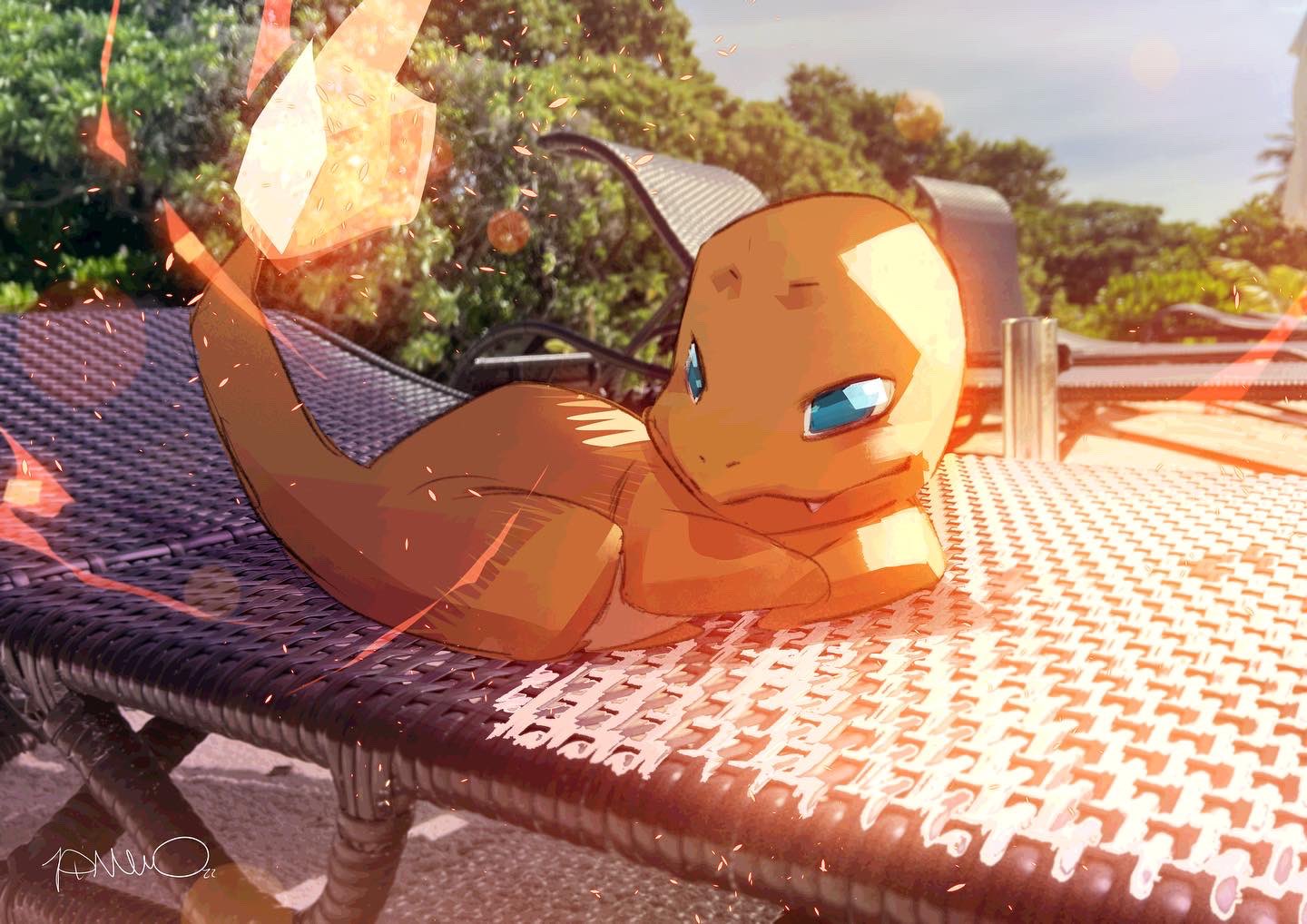 animal_focus, artist_name, beach_chair, blue_eyes, blue_sky, charmander, closed_mouth, commentary, day, embers, english_commentary, fang, fang_out, fire, flame-tipped_tail, full_body, half-closed_eyes, looking_at_viewer, lying, no_humans, on_chair, on_stomach, outdoors, photo_background, pokemon, pokemon_(creature), signature, simone_di_meo, sky, solo, tree