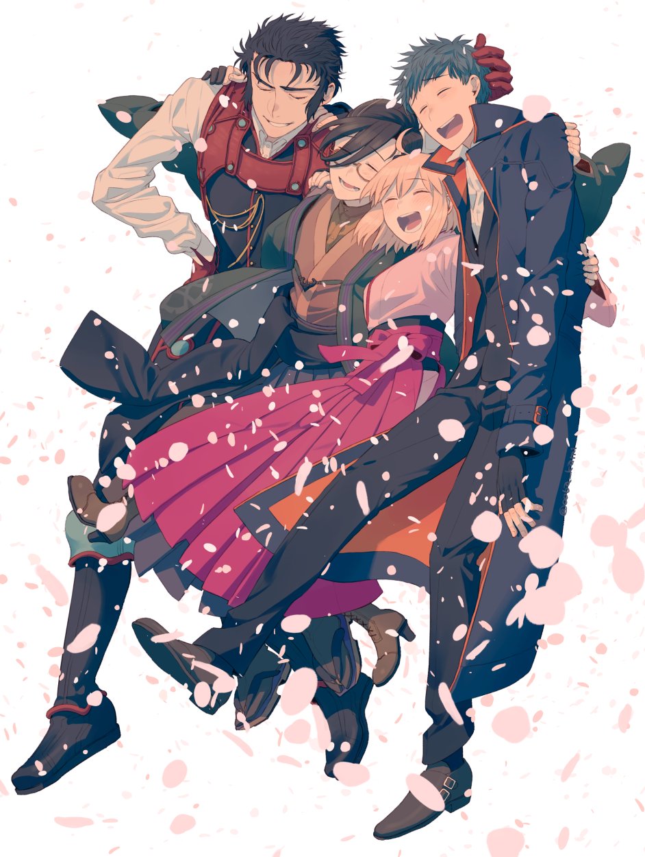 1girl, 3boys, :d, ^_^, ahoge, arm_around_back, arm_around_shoulder, black_gloves