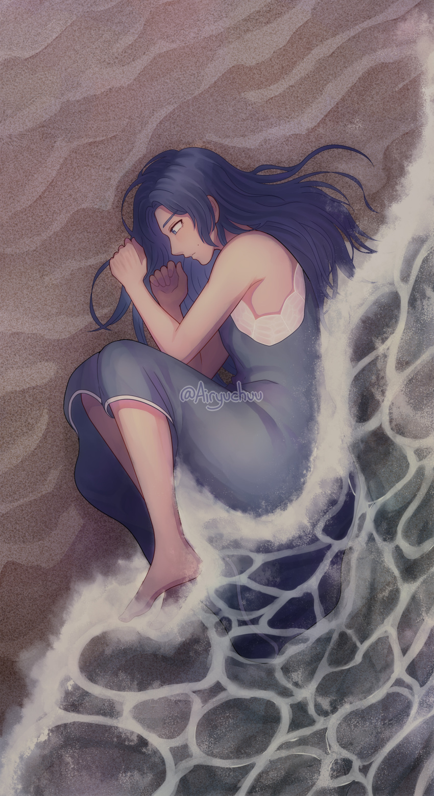 1girl, absurdres, barefoot, black_dress, black_eyes, black_hair, dress, fetal_position