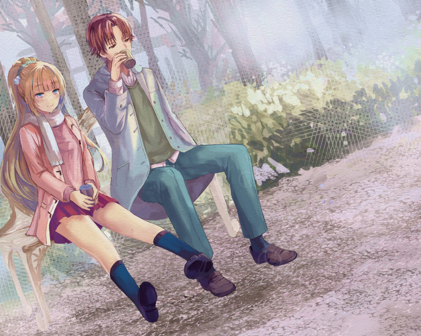 1boy, 1girl, aqua_scrunchie, ayanokouji_kiyotaka, bangs, bench, blonde_hair, blunt_bangs