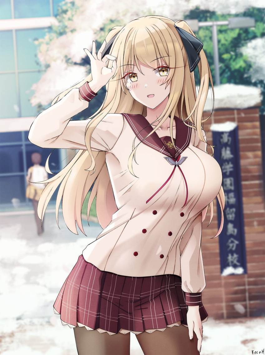 1girl, adapted_costume, alternate_costume, ao_no_kanata_no_four_rhythm, black_ribbon, blazer, blonde_hair, blush