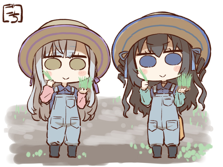 >:), 2girls, :>, artist_name, assault_lily, bangs, black_footwear, black_hair, blue_eyes, blue_overalls, blue_ribbon, blue_shirt, blush, boots, breast_pocket, brown_headwear, chibi, choker, collared_shirt, commentary_request, drill_hair, full_body, funato_yurie, gochisousama_(tanin050), grass, grey_hair, hair_ribbon, hands_up, hat, holding, kon_kanaho, long_hair, long_sleeves, looking_at_viewer, maeda_kaori, multiple_girls, o-ring, o-ring_choker, overalls, photo-referenced, pocket, ribbon, shirt, soil, solid_circle_eyes, standing, straw_hat, sun_hat, twin_drills, two_side_up, v-shaped_eyebrows, very_long_hair, voice_actor_connection, white_background, yellow_eyes, yokota_haruna