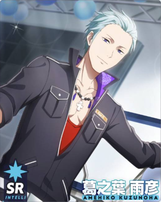 blue_eyes, character_name, dress, idolmaster_side-m_glowing_stars, kuzunoha_amehiko, short_hair, smile, white_hair