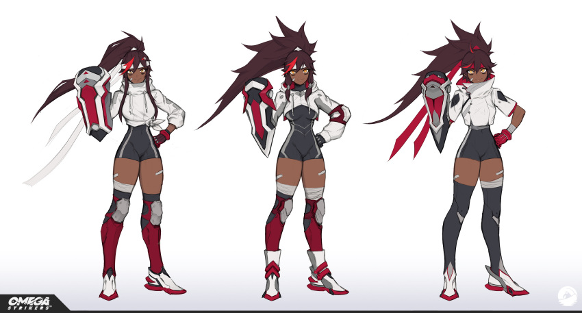 1girl, ahoge, bandages, bandaid, bandaid_on_face, bandaid_on_leg, concept_art, crop_top