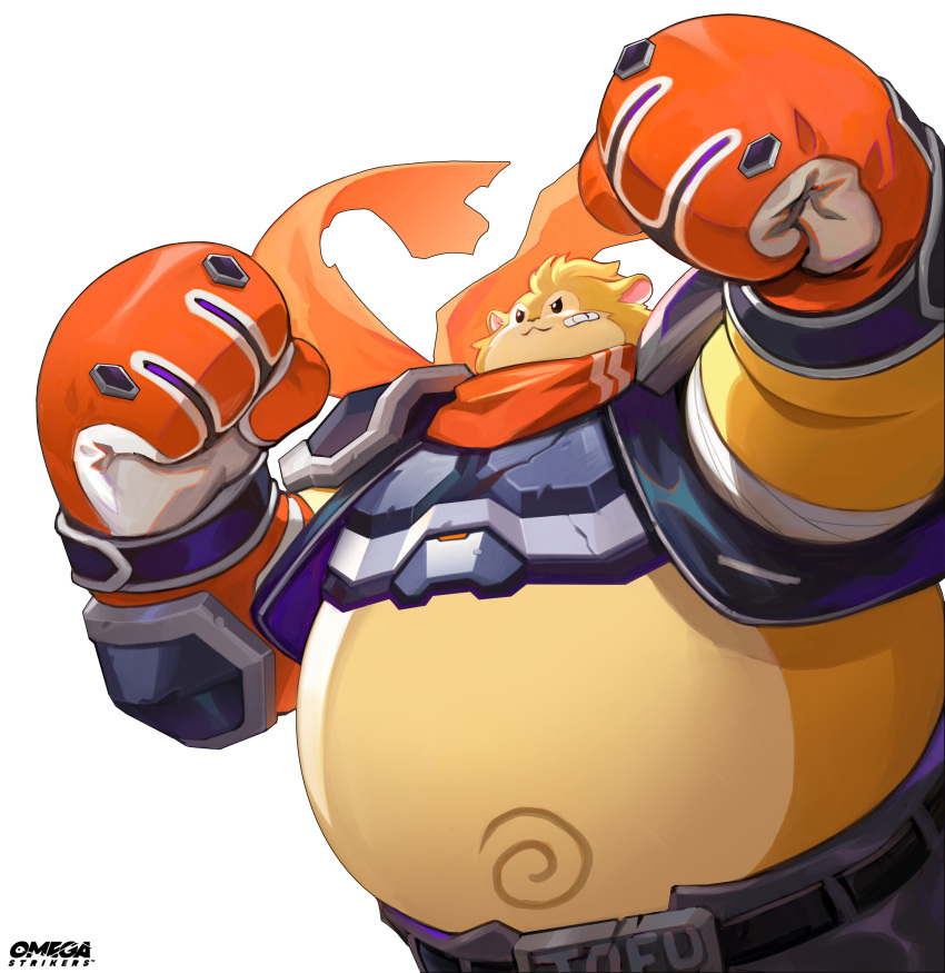 1boy, absurdres, armor, bandages, bandaid, bandaid_on_arm, bandaid_on_face, belt, belt_buckle, big_belly, buckle, dubu_(omega_strikers), furry, furry_male, gloves, hamster, hamster_boy, highres, liyart, omega_strikers, scarf, shoulder_armor, solo, victory_pose