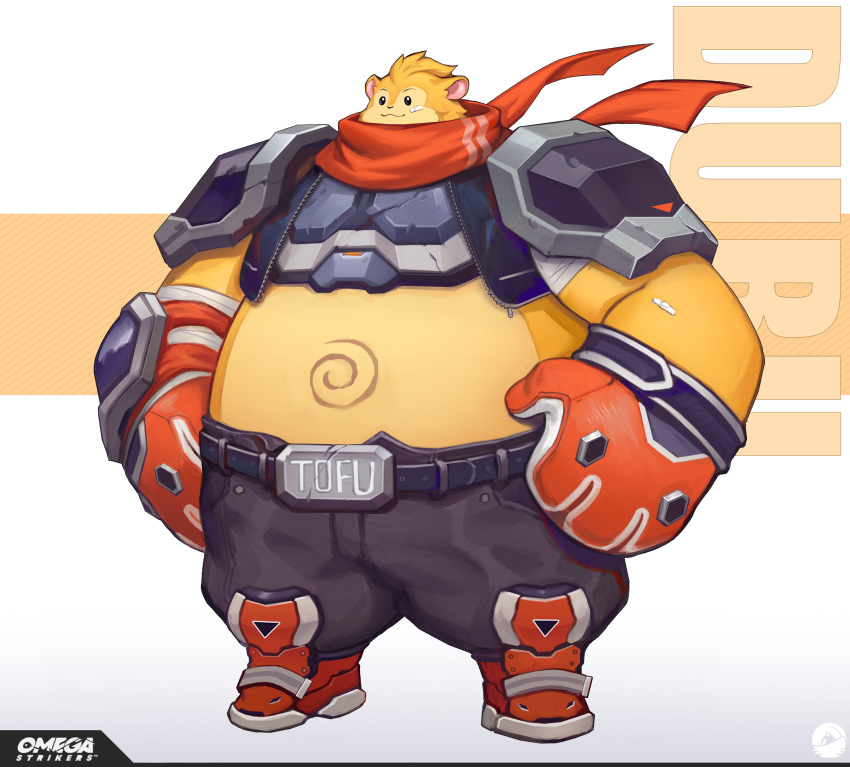 1boy, armor, bandages, bandaid, bandaid_on_arm, bandaid_on_face, belt, belt_buckle, big_belly, buckle, dubu_(omega_strikers), full_body, furry, furry_male, gloves, hamster, hamster_boy, highres, liyart, omega_strikers, scarf, shoulder_armor, solo