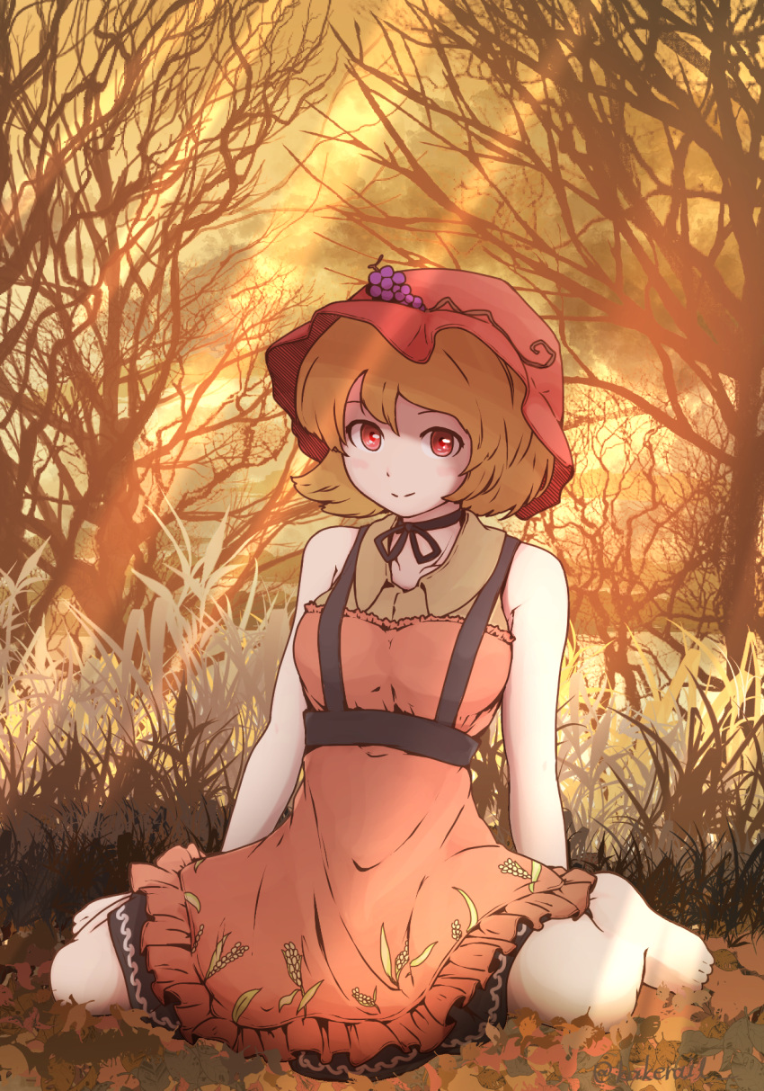 1girl, aki_minoriko, apron, barefoot, blonde_hair, closed_mouth, food, fruit, full_body, grapes, grass, highres, kakera_(comona_base), light_rays, looking_at_viewer, outdoors, red_apron, red_eyes, short_hair, sitting, sleeveless, smile, solo, touhou, tree, wariza, wheat_print