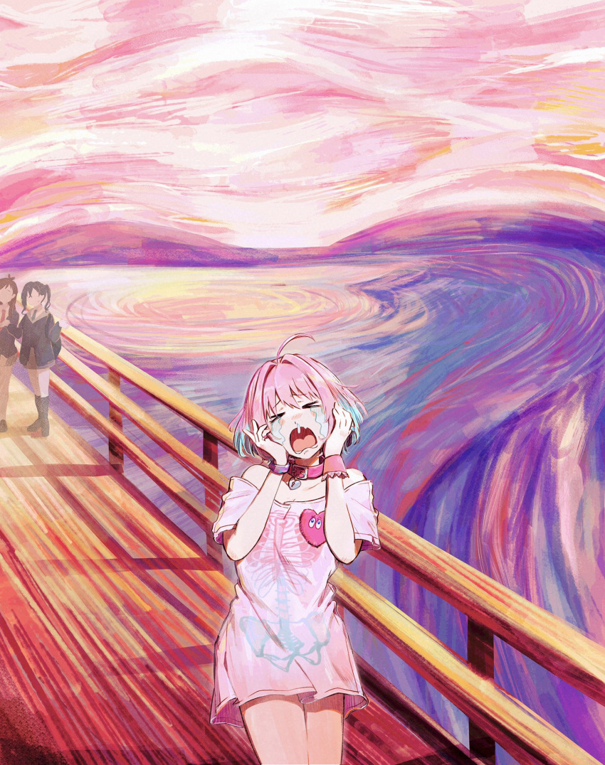 #unicus_(idolmaster), >_<, 3girls, antenna_hair, black_hair, blue_hair, brown_hair, closed_eyes