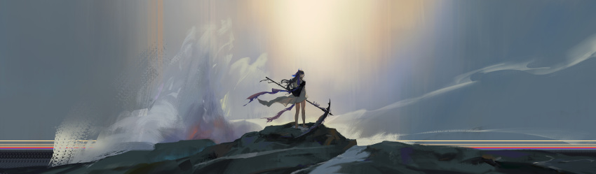 1girl, absurdres, arknights, bare_shoulders, barefoot, black_choker, blue_hair, choker, coral, dress, from_behind, full_body, hair_ornament, highmore_(arknights), highres, holding, holding_scythe, horns, incredibly_absurdres, layered_dress, long_hair, looking_at_viewer, looking_back, outdoors, rocher-hd, scenery, scythe, shore, standing, waves, white_dress, wide_shot