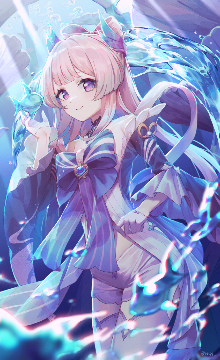 1girl, absurdres, air_bubble, babydoll, bangs, bare_shoulders, blue_bow, bow