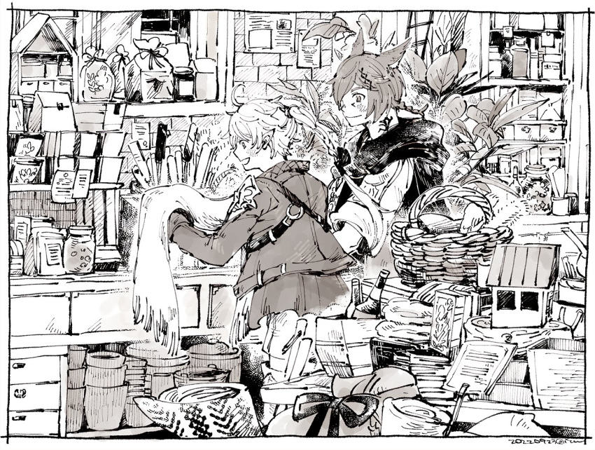 1boy, 1girl, alisaie_leveilleur, animal_ears, bag, bangs, basket, black_scarf