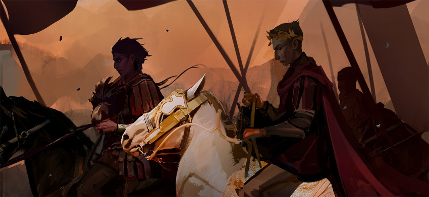 1boy, 1girl, alternate_costume, animal, arcane:_league_of_legends, armor, bangs, black_hair, black_sclera, brown_hair, brown_pants, colored_sclera, from_side, gauntlets, headwear_removed, helmet, helmet_removed, holding, holding_helmet, horse, laurel_crown, league_of_legends, legionnaire, lsaintonge, pants, riding, roman_clothes, royal_robe, scar, scar_on_face, sevika_(arcane), short_hair, silco_(arcane)