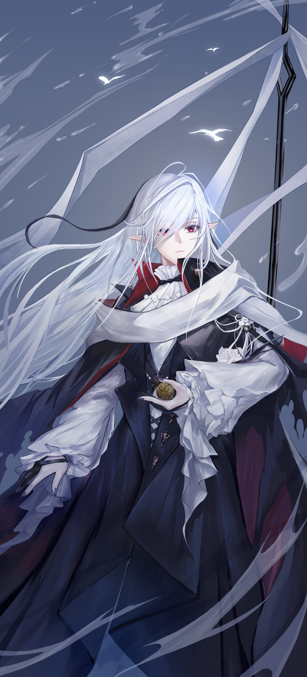 1girl, ahoge, arknights, ascot, black_dress, cowboy_shot, dress, gladiia_(arknights), gladiia_(return)_(arknights), grey_background, highres, long_hair, long_sleeves, maboroshi_hane, official_alternate_costume, pointy_ears, red_eyes, simple_background, solo, very_long_hair, weapon, weapon_on_back, white_ascot, white_hair, white_sleeves