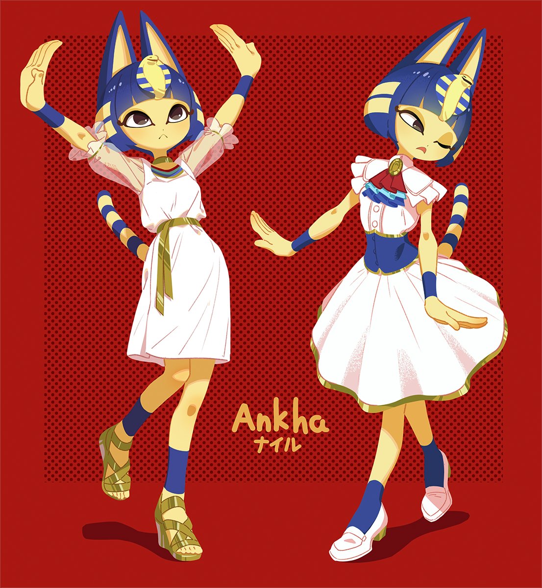 1girl, :<, alternate_costume, animal_crossing, animal_ears, ankha_(animal_crossing), arms_up, ascot