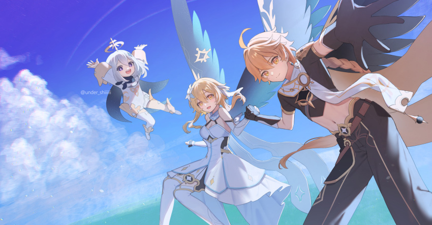 1boy, 2girls, aether_(genshin_impact), blonde_hair, blue_eyes, blue_sky, boots, braid