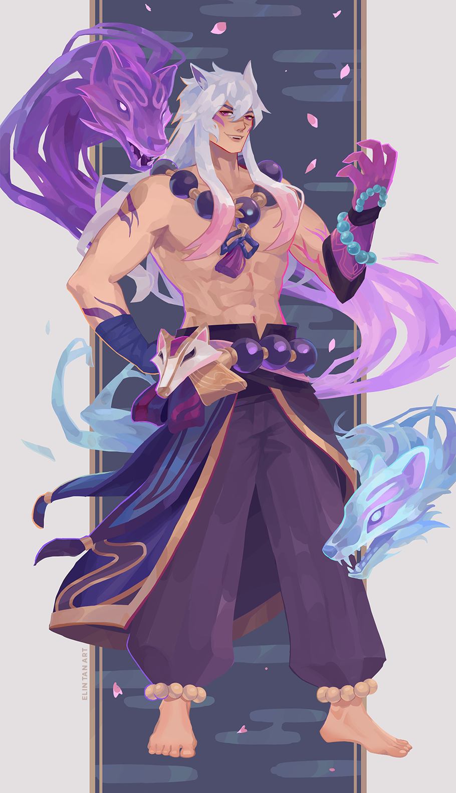 1boy, :d, abs, animal_ears, bangs, bare_shoulders, barefoot, bead_necklace