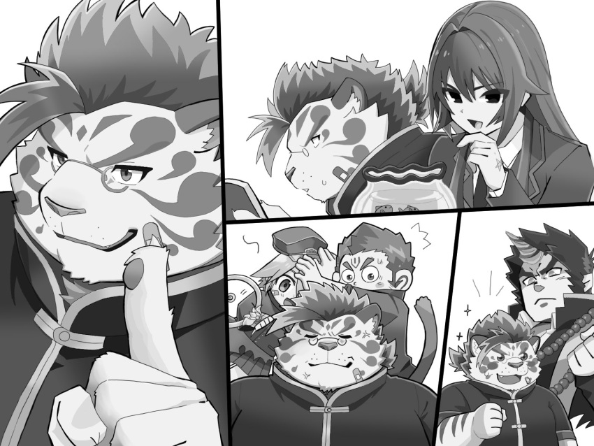 1girl, 1other, 3boys, anger_vein, animal_ears, bandaid, bandaid_on_face, bangs