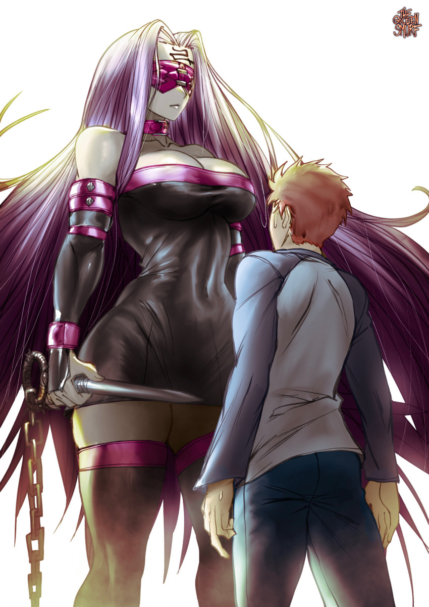 1boy, 1girl, black_dress, blindfold, boots, breasts, brown_hair, collar, denim, detached_sleeves, dress, emiya_shirou, facial_mark, fate/stay_night, fate_(series), forehead_mark, height_difference, highres, jeans, large_breasts, long_hair, long_sleeves, medusa_(fate), medusa_(rider)_(fate), muscular, muscular_female, nameless_dagger_(fate), pants, purple_collar, purple_hair, short_dress, short_hair, simple_background, strapless, strapless_dress, the_golden_smurf, thigh-highs, thigh_boots, thighs, very_long_hair, zettai_ryouiki