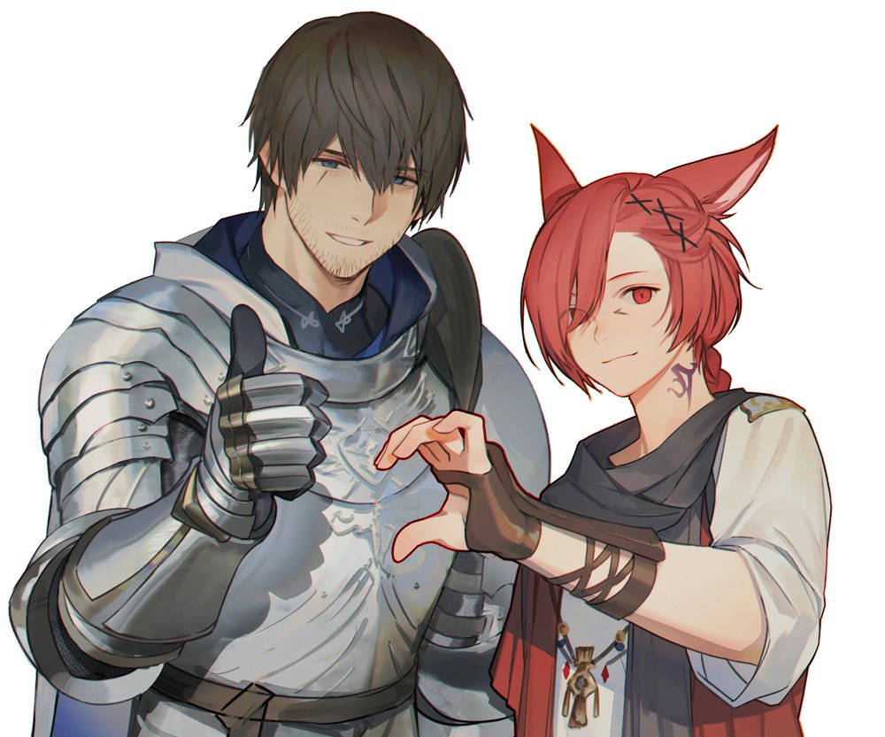 2boys, adventurer_(ff14), animal_ears, armor, bangs, black_scarf, blue_eyes, braid