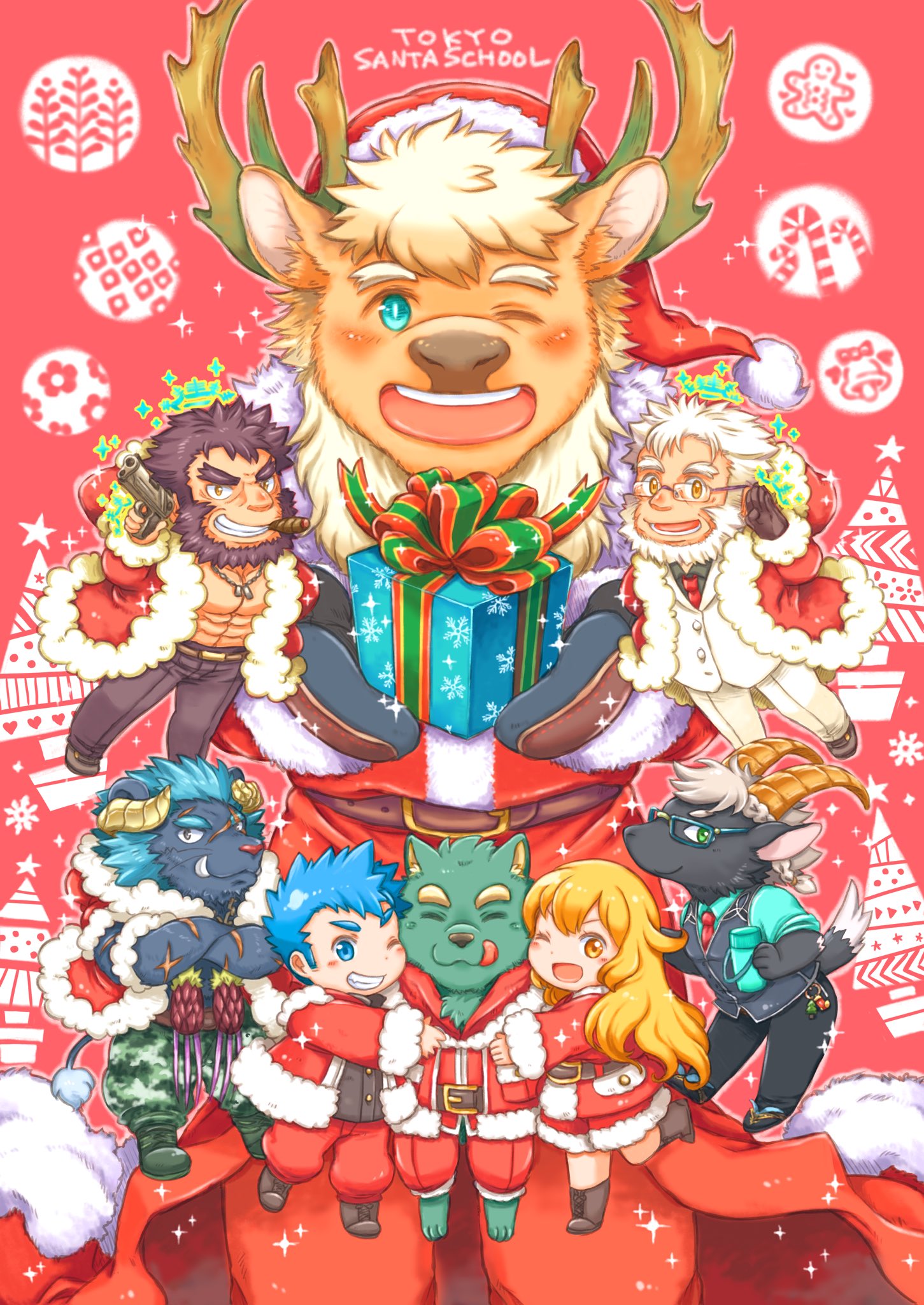 1girl, 6+boys, abs, animal_ears, animal_nose, antlers, beard, belt, black_fur, black_hair, black_shirt, blonde_hair, blue_eyes, blue_fencer_(housamo), blue_hair, blush, boots, bow, box, camouflage, camouflage_pants, christmas, cigar, claws, ded_(housamo), deer_ears, dog_tags, facial_hair, forked_eyebrows, formal, furry, furry_male, gift, gift_bow, gift_box, glasses, gloves, goat_boy, goat_ears, goat_horns, green_fur, green_shirt, green_wolf_(housamo), gun, hat, highres, holding, holding_gift, holding_gun, holding_weapon, horns, hug, krampus_(housamo), light_mage_(housamo), mature_male, multiple_boys, muscular, muscular_male, necktie, one_eye_closed, open_mouth, pants, red_background, red_necktie, red_pants, reindeer_antlers, reindeer_boy, santa_costume, santa_hat, scar, scar_across_eye, shirt, short_hair, smile, suit, summon_lw, tail, tanngrisnir_(housamo), teeth, thick_eyebrows, tokyo_afterschool_summoners, tusks, upper_teeth, vest, weapon, white_hair, white_pants, white_suit, yellow_eyes, yule_(housamo)