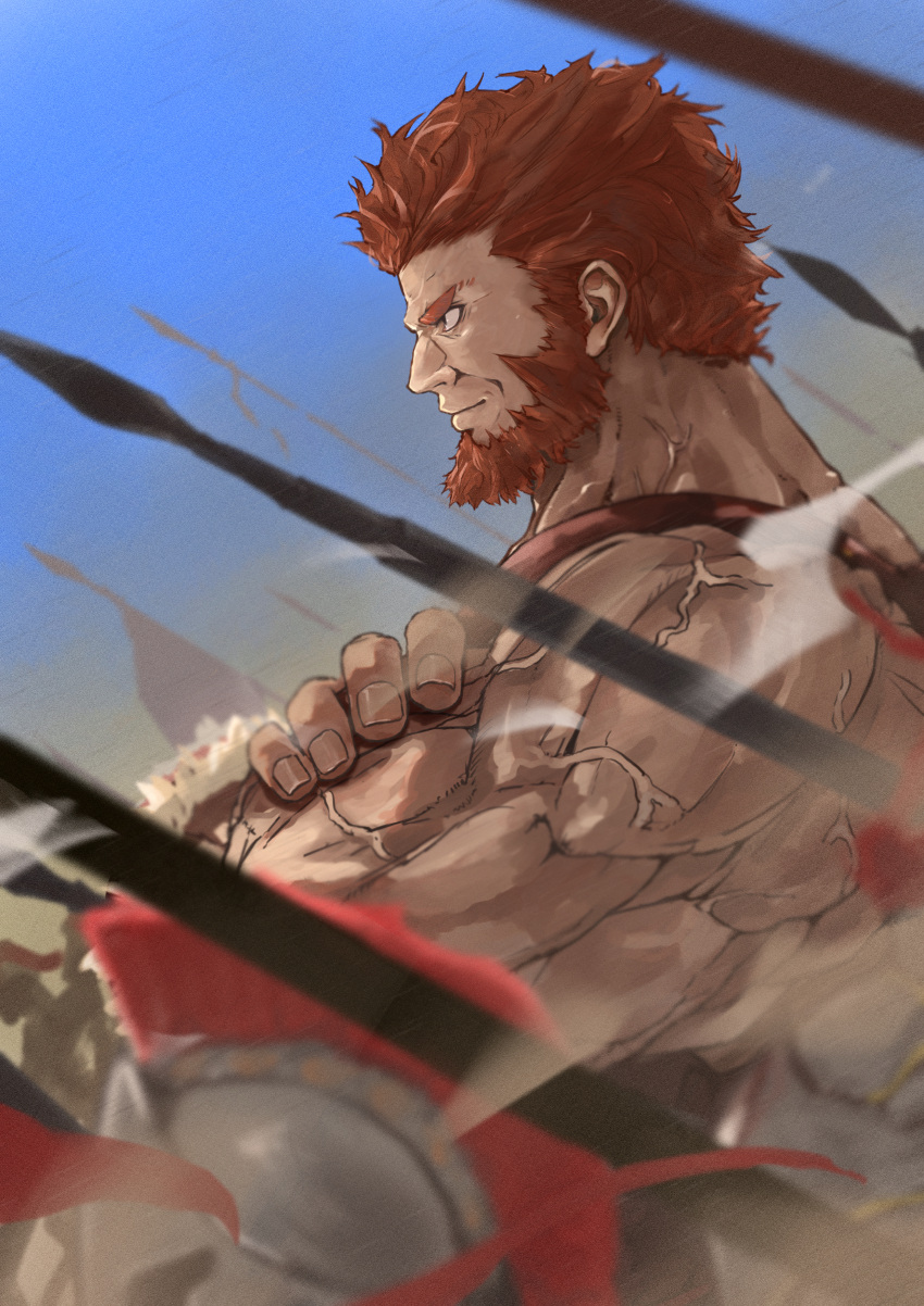 1boy, absurdres, armor, army, bare_shoulders, beard, commentary_request, crossed_arms, dark-skinned_male, dark_skin, day, facial_hair, fate/grand_order, fate/zero, fate_(series), from_side, highres, ionioi_hetairoi_(fate), iskandar_(fate), kdm_(ke_dama), looking_ahead, male_focus, muscular, muscular_male, polearm, red_eyes, redhead, serious, short_hair, solo, spear, upper_body, veins, veiny_arms, weapon