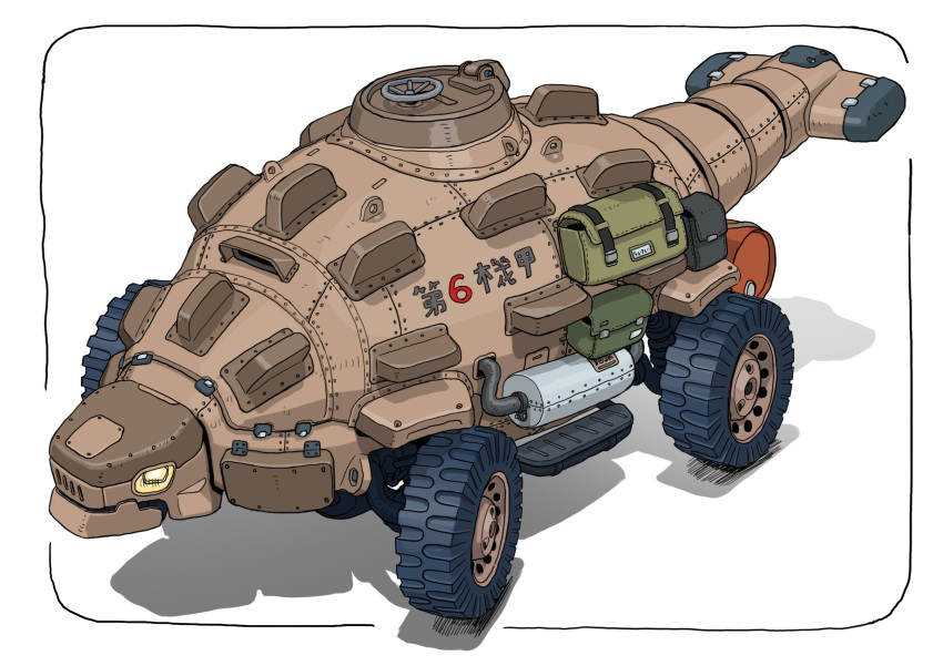 ankylosaurus, armored_vehicle, bag, gatling_santouhei, ground_vehicle, headlight, highres, no_humans, original, shadow, simple_background, wheel, white_background