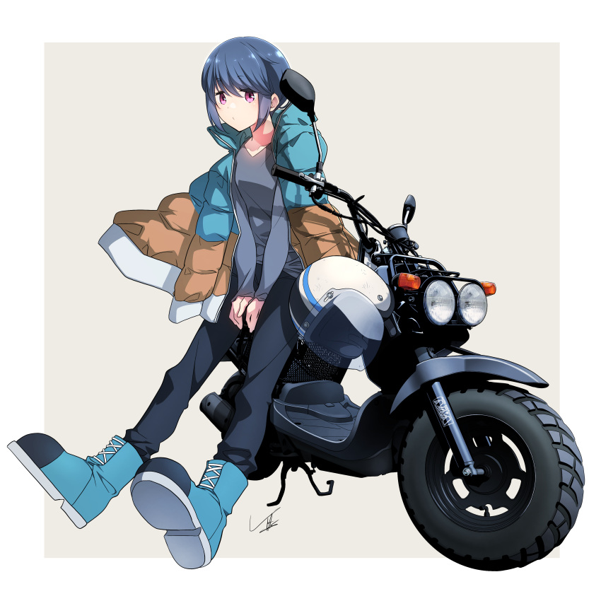 1girl, absurdres, bangs, black_pants, blue_footwear, blue_hair, boots, border