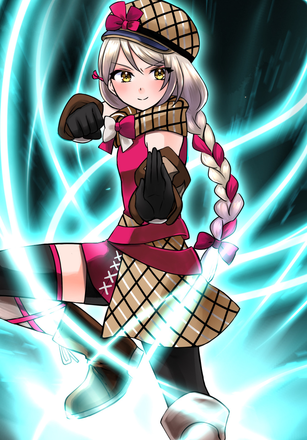 >:), 1girl, 74, aura, black_background, black_gloves, black_shorts, black_thighhighs