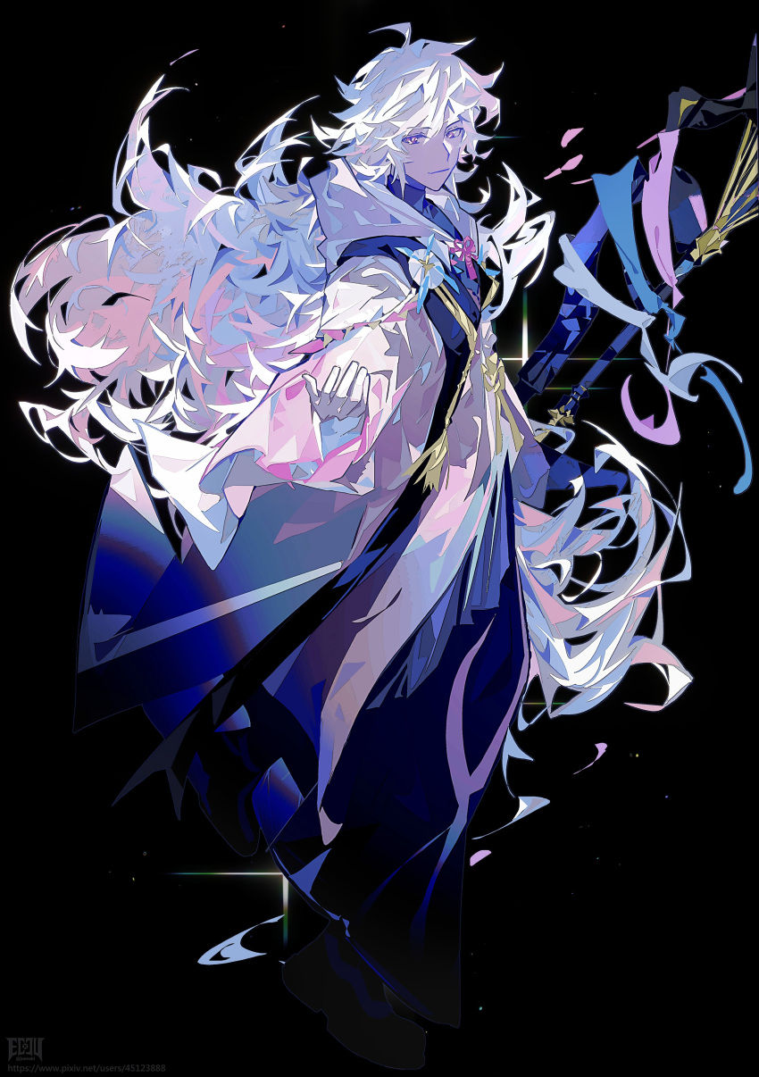 1boy, absurdres, ahoge, bangs, bishounen, black_background, black_footwear, black_pants