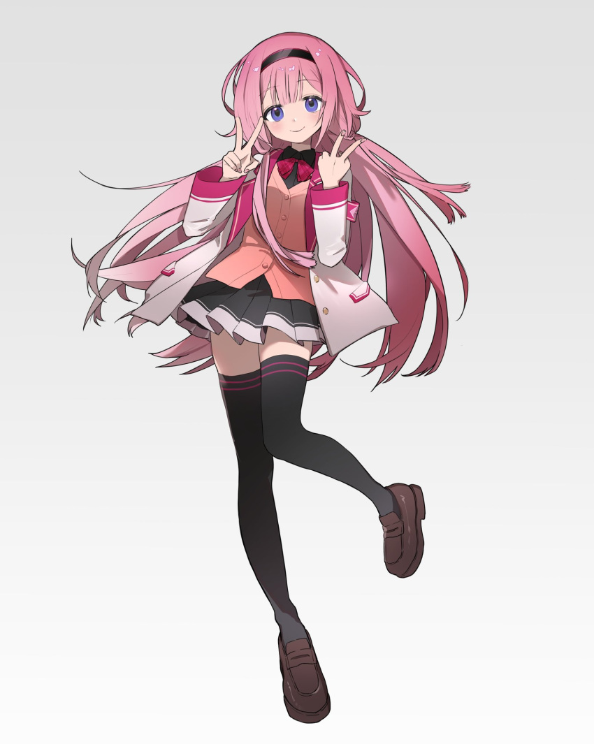 1girl, amg_(amo10), black_headband, black_skirt, black_thighhighs, blazer, blush, bow