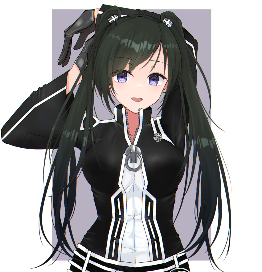 1girl, 2176134, :d, arms_up, bangs, black_gloves, black_hair, black_jacket
