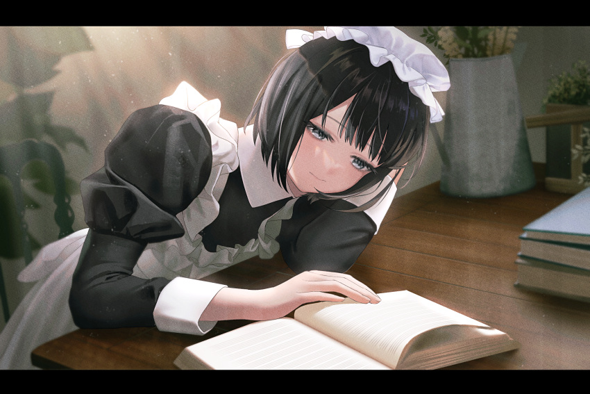 1girl, apron, black_hair, black_shirt, book, grey_eyes, half-closed_eyes, highres