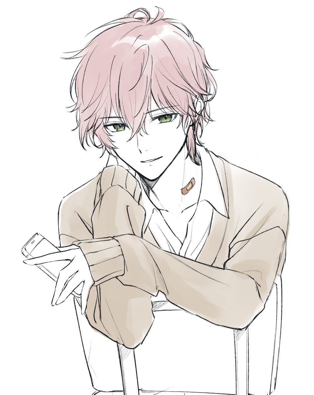 1boy, bandaid, bandaid_on_neck, cardigan, green_eyes, hair_between_eyes, hand_on_own_neck, highres, holding, holding_phone, holostars, looking_at_viewer, male_focus, n@o_(nao), official_alternate_costume, open_collar, parted_lips, partially_colored, phone, pink_hair, rikka_(holostars), shirt, short_hair, simple_background, sitting, sitting_backwards, sleeves_past_wrists, smile, solo, upper_body, virtual_youtuber, white_background, white_shirt, yellow_cardigan