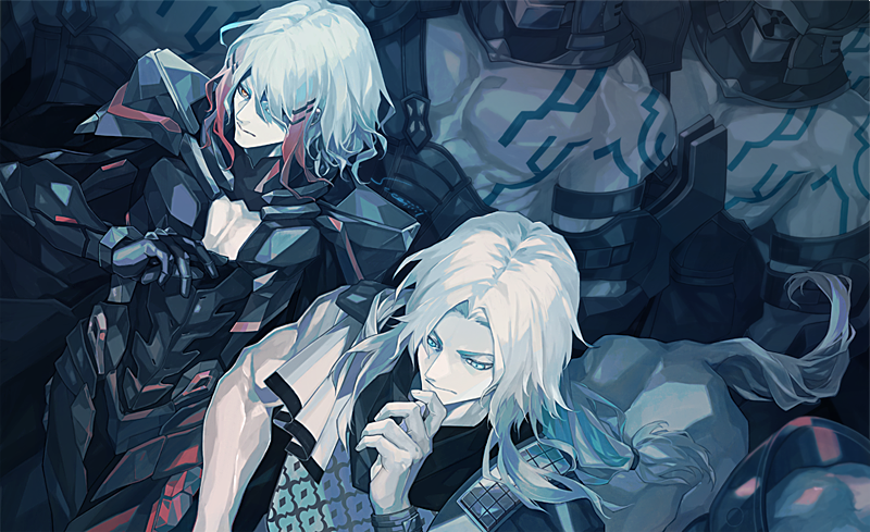 6+boys, armlet, armor, bangs, black_armor, black_cape, body_armor, cape