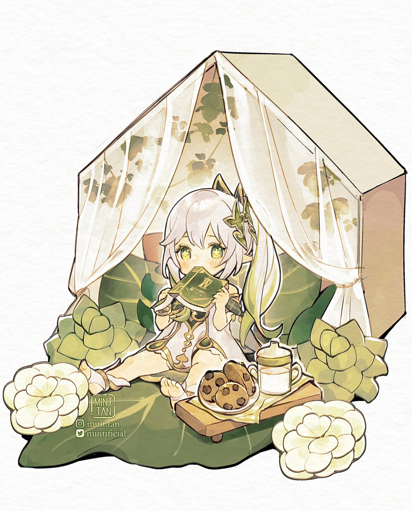 1girl, bare_shoulders, blush, book, boots, commentary, cookie, covering_mouth