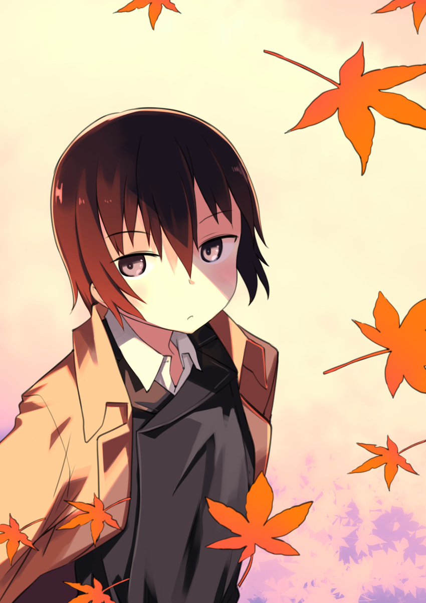1girl, absurdres, androgynous, autumn, brown_coat, brown_hair, coat, expressionless
