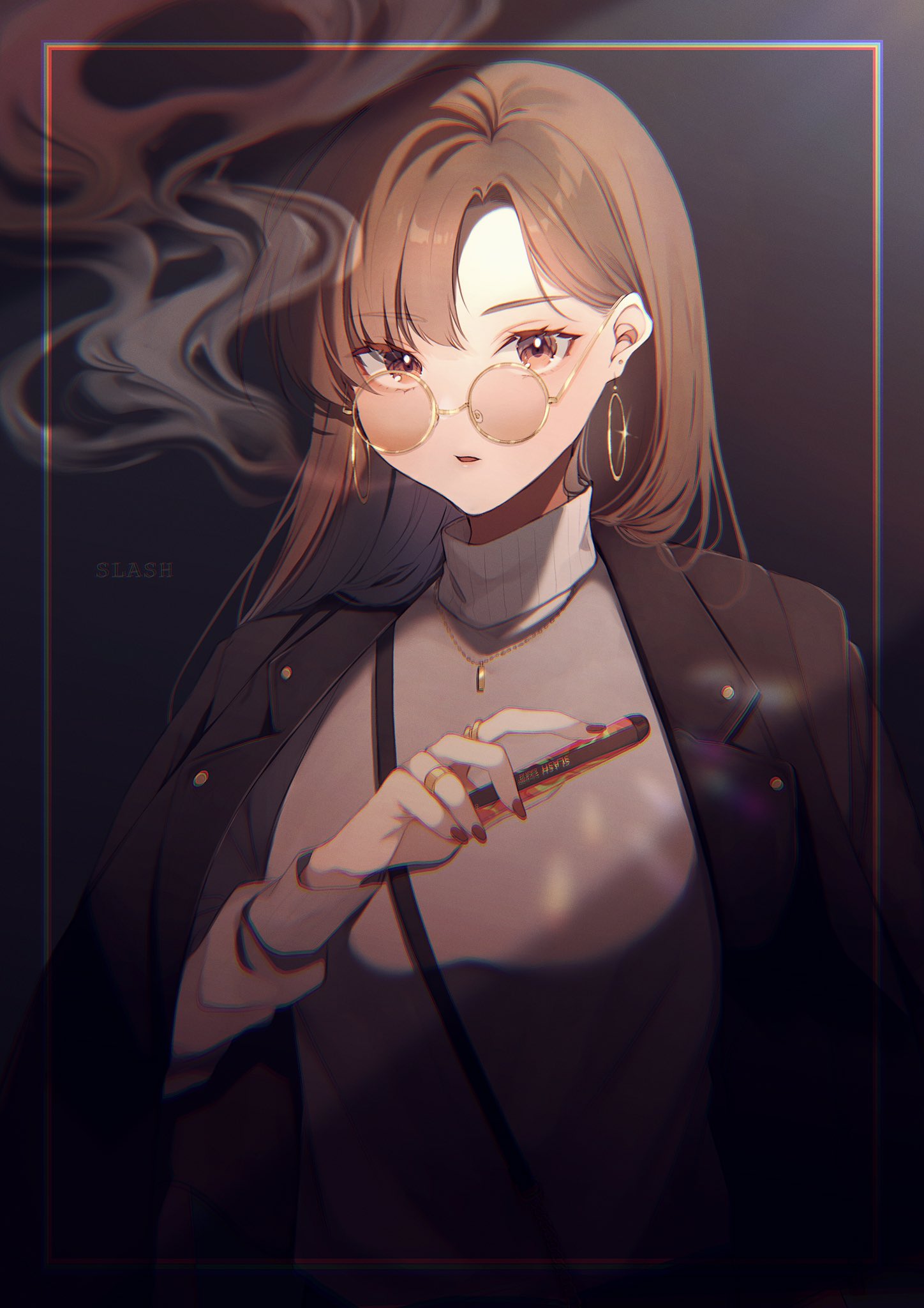 1girl, bangs, brown_hair, coat, earrings, glasses, highres, jewelry