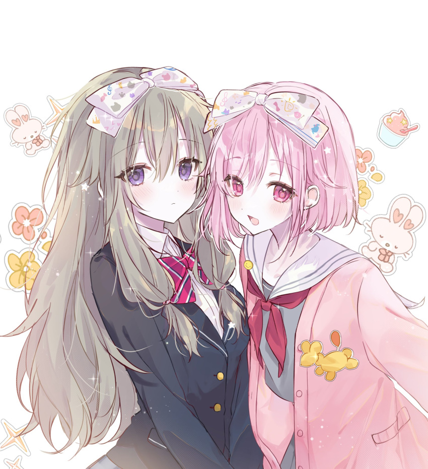 2girls, blazer, blue_jacket, blush, bow, cardigan, closed_mouth, commentary